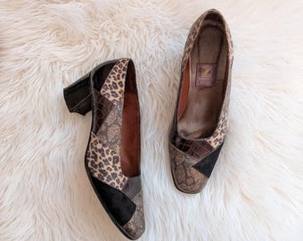 Vintage Adriano Di Zio Heels Size 40 | Leather Animal Print Shoes | 90s Block Heel Shoes | Leopard Print Heels | Retro Designer Shoes