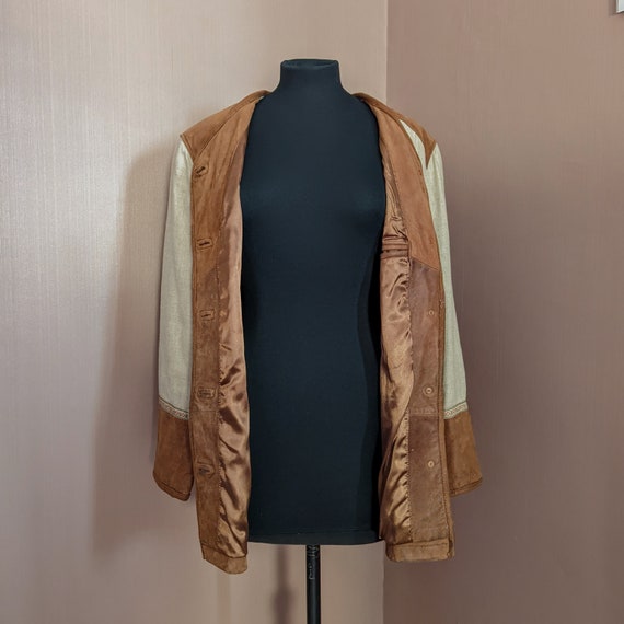 Stunning tan brown leather and linen jacket, size… - image 5