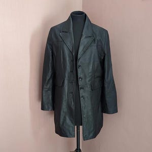 Vintage Black Leather Long Coat - Genuine Leather, Size UK 14