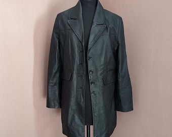 Vintage Black Leather Long Coat - Genuine Leather, Size UK 14