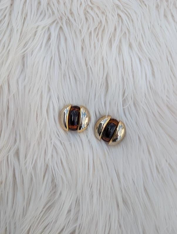 Boucles D'oreilles Clips Vintage Ambrolithe Jaune Effet Ambre - Modèle D150, Cuivre Jaune, Occasion