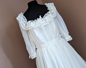 Vintage Weißes Off-Shoulder Kleid - Romantisches 1970er Hochzeitskleid oder Sommerkleid - Größe 12/14