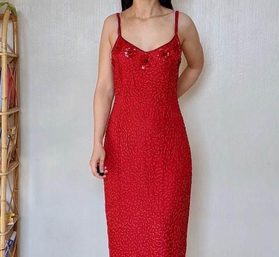 1990s red fully beaded dress, size M, vintage bea… - image 2