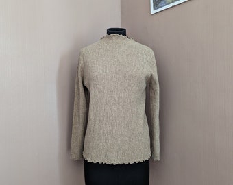 Suéter de cuello alto marrón tostado de los años 90: dobladillo de lechuga vintage, talla XL