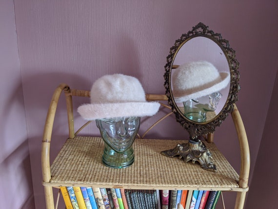 vintage angora blend winter hat, cream winter hat,