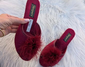 Burgundy Faux Fur Pom-Pom Slippers - Sleepers Brand - UK Size 4