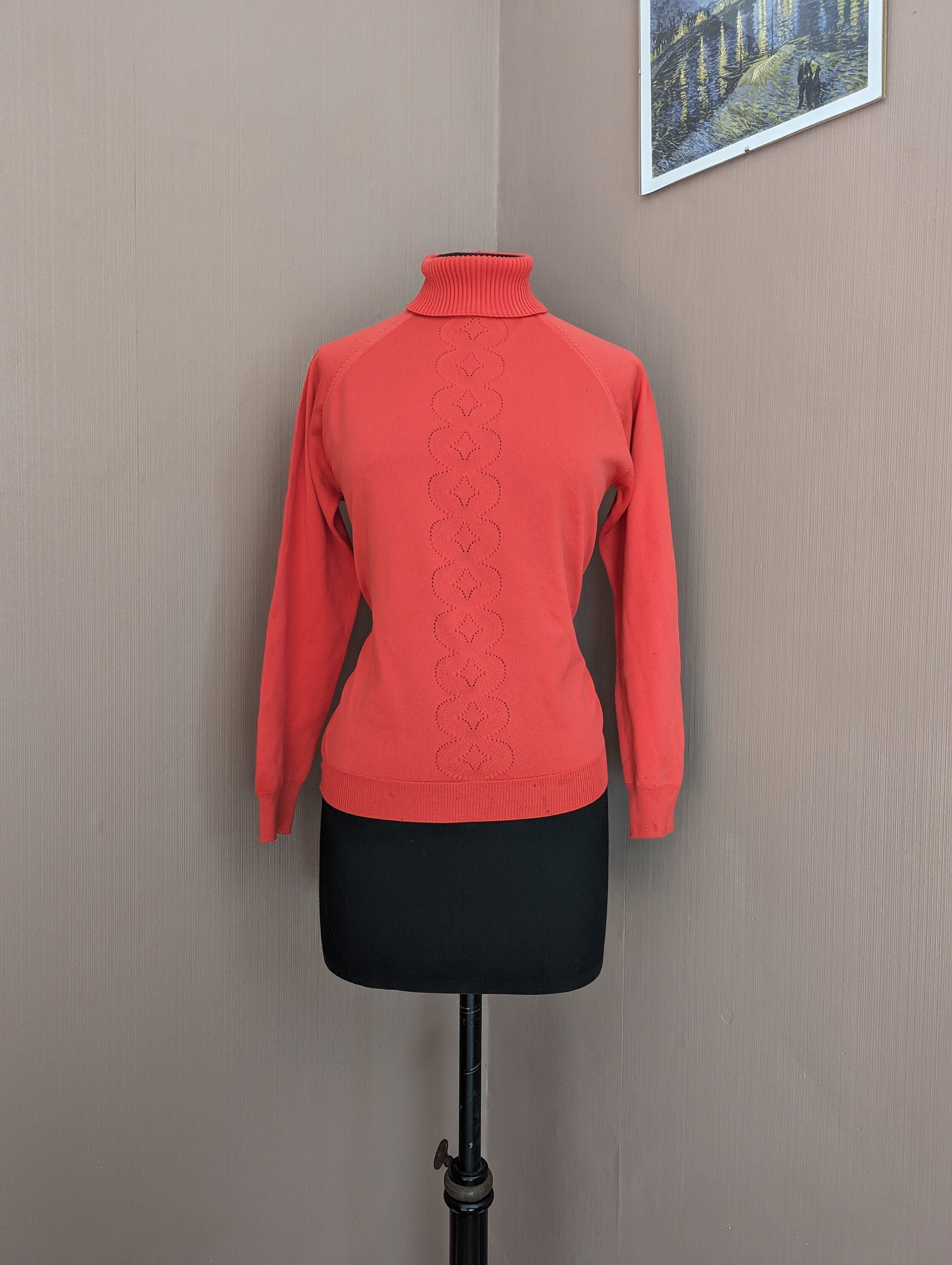 coral red turtleneck jumper, size S/M, 1980's sweater