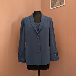 Vintage Blue Embellished Blazer & Tank Top Set - Whimsy - Beaded Detail - Size M