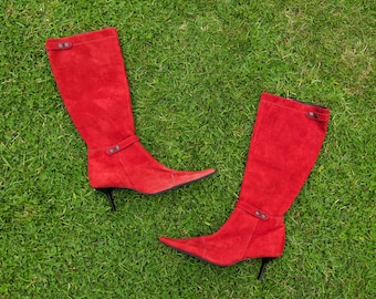 stunning Marco Moreo red leather boots, size UK 3, suede, black accents, full leather, italian