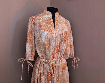 Sukienka midi w stylu vintage, ręcznie robiona, z kwiatowym wzorem - jesienne odcienie pomarańczy - ręcznie robiona elegancja