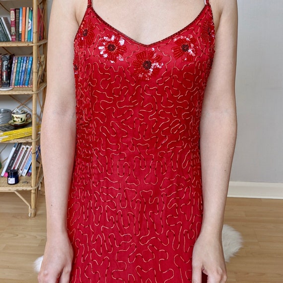 1990s red fully beaded dress, size M, vintage bea… - image 6