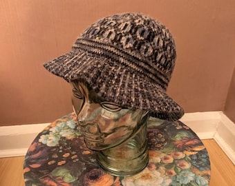 Vintage Kangol Knitted Brim Hat in Grey Pattern - Made in the UK, Angora Blend