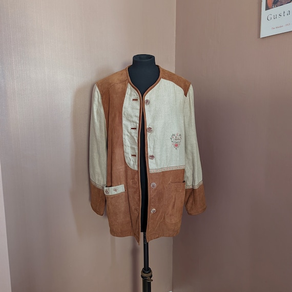 Stunning tan brown leather and linen jacket, size… - image 1