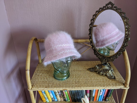 vintage angora blend winter hat, pink winter hat,