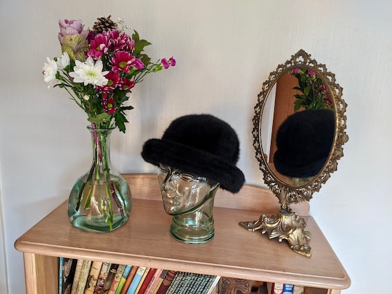vintage angora blend winter hat, black winter hat,