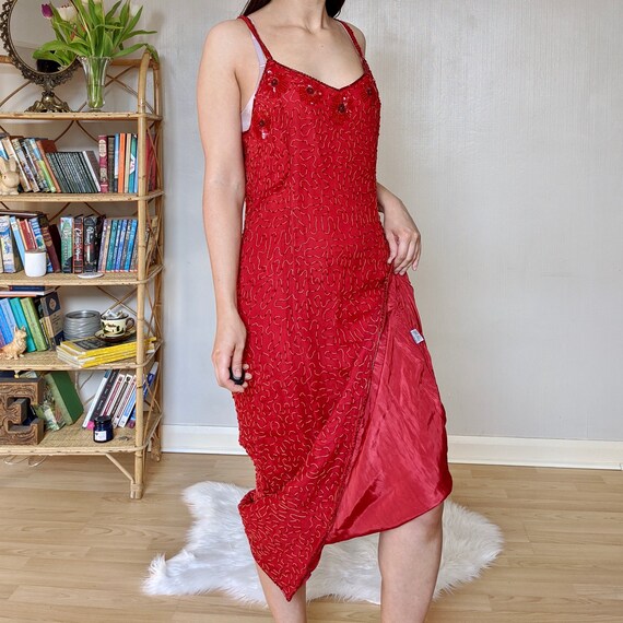 1990s red fully beaded dress, size M, vintage bea… - image 3