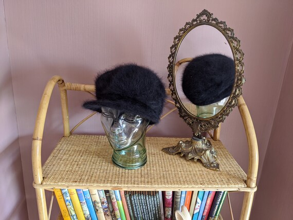 cute fluffy angora blend black baker boy hat, 1990