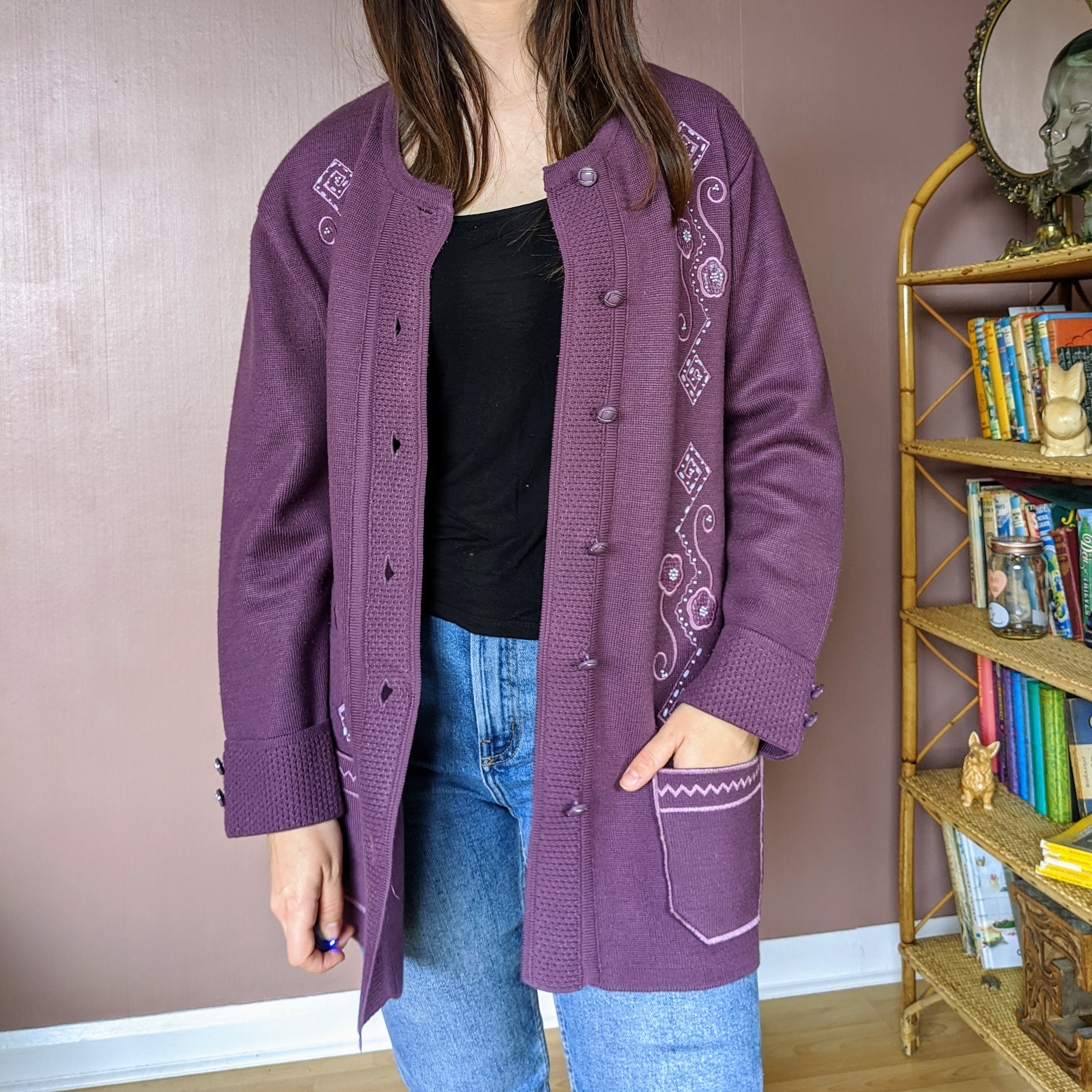Purple Ladies Embroidered Cardigan Size 
