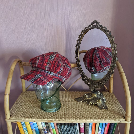 stunning 1990's bouclé baker boy hat, check patter