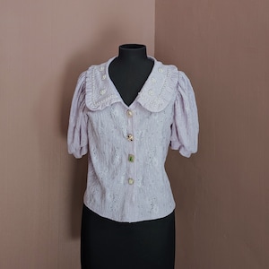 purple lace collared blouse, size S-M, faux pearl buttons, large collar top, puff sleeves