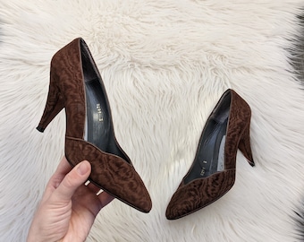 amazing brown leather court shoes, size UK 3, full leather, animal pattern, pointed toe, Roberto Gil