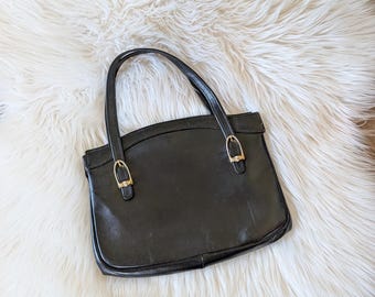 Vintage Black Structured Handbag – Gold Hardware – Double Top Handles – 1960s Style