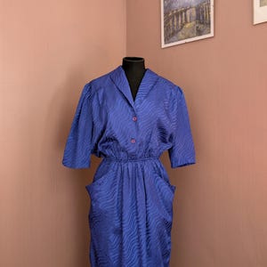 Vintage 80s Royal Blue Satin Shirt Dress - Made in Britain - Size 14