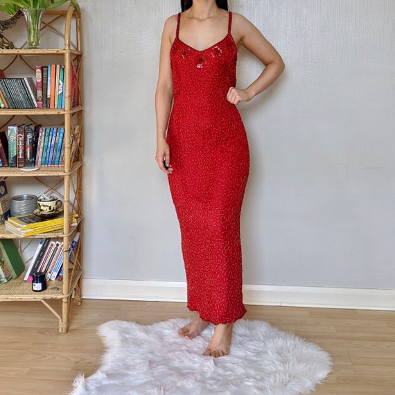 1990s red fully beaded dress, size M, vintage bea… - image 1