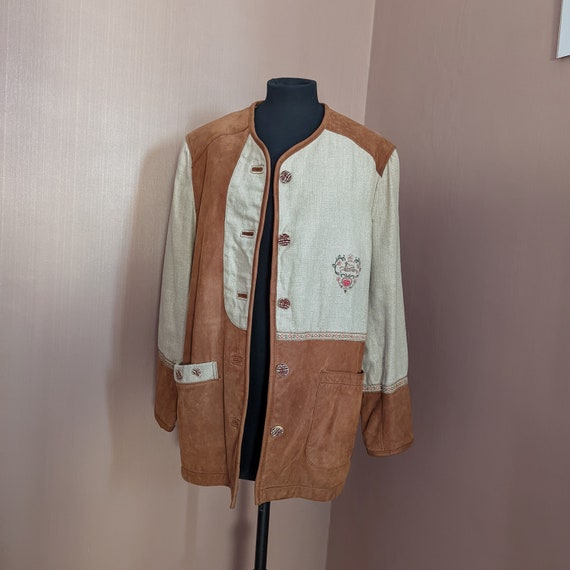 Stunning tan brown leather and linen jacket, size… - image 8