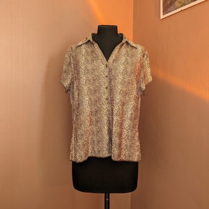 plisse fabric top, size 10-12, v neck animal print top, leopard print button down top