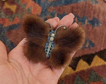 mink fur butterfly brooch, pearls and gemstones, 1950's fur brooch