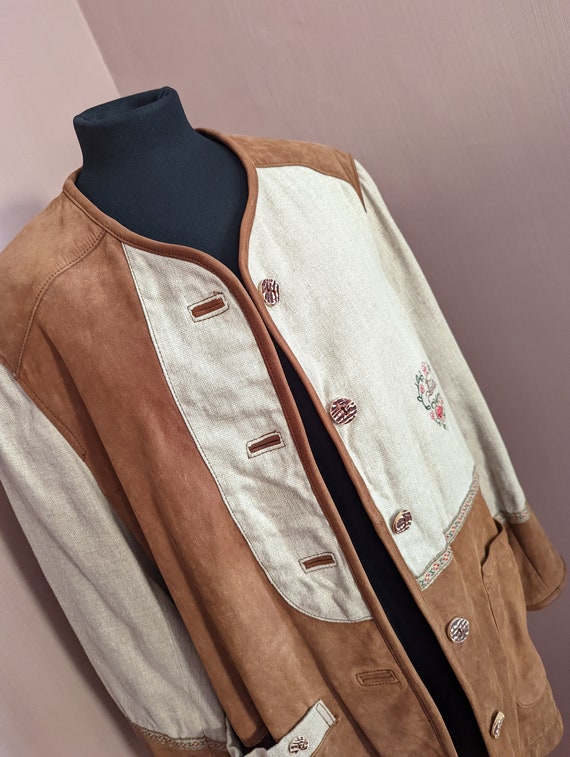 Stunning tan brown leather and linen jacket, size… - image 7