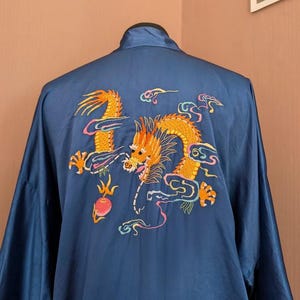 Vintage Blue Satin Kimono Robe with Dragon Embroidery - Size Small | Traditional Chinese Robe, 1970&#39;s