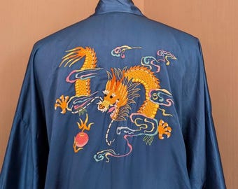 Vintage Blue Satin Kimono Robe with Dragon Embroidery - Size Small | Traditional Chinese Robe, 1970's