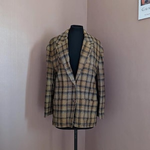 Vintage Wool Plaid Blazer | Made in England | Size 12 | Brown and Yellow Checked Tweed Jacket
