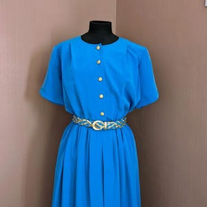 Vintage Electric Blue Button-Up Midi Dress - Size 12