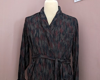 Vintage Tootal Men’s Dressing Gown - Made in England - Black and Red Abstract Pattern