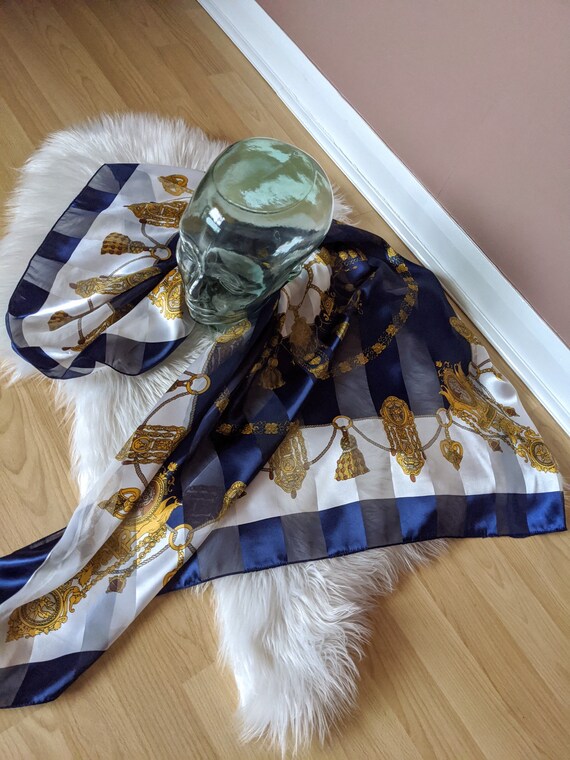 Shiny blue and white scarf, gold pattern scarf, l… - image 9