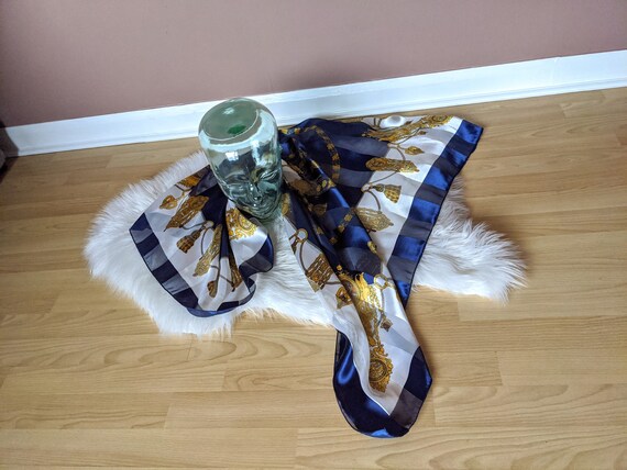 Shiny blue and white scarf, gold pattern scarf, l… - image 3