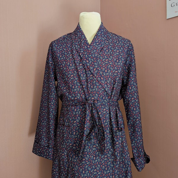 Mens Smoking Jacket size M, Paisley design, Blue and Red tones, Noto brand, Vintage 80s Loungewear Housecoat