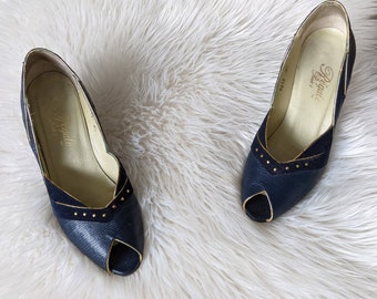Vintage Regale by Rich's Navy Leather Peep Toe Heels UK 3.5 | Made in Italy | 1950s Inspired | Gold Trim Court Shoes | Pin Up Rockabilly