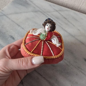 Antique Victorian Doll Pin Cushion with Hand-Stitched Embellishments, Lady in Red