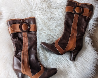 brown leather boots, size UK 4, knee high boots, Spanish leather, Schuh, buckle detail