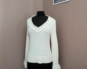 Y2K Cream Knit Jumper Crochet Trim V Neck | Morgan de Toi | Soft Girl Sweater UK 10–12