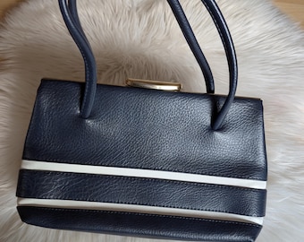 Vintage 1960s Hilmark Navy Striped Top Handle Bag - Mod Style