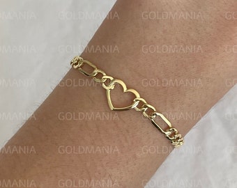 14K Yellow Gold Figaro Heart Chain Bracelet, 7" Inch, Real Gold Bracelet, Figaro Link Bracelet, Heart Figaro Bracelet, Women Gold Bracelet