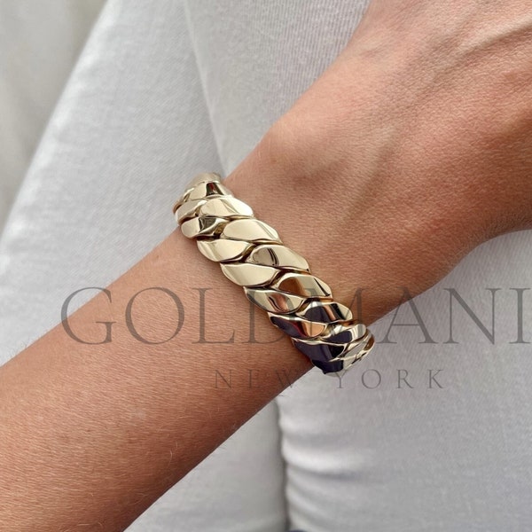 14K Yellow Gold Miami Cuban Chain Bracelet, 14mm Thick, 7.5" Inch, Real Gold Bracelet, Women