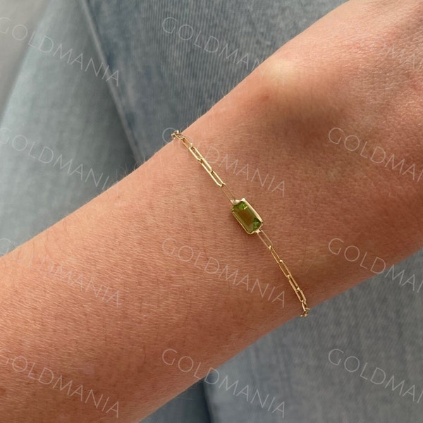 14K Yellow Gold Peridot Paperclip Link Chain Bracelet with Lobster Clasp, 7" Inch, Real Gold Bracelet, Birthstone Bracelet, Women