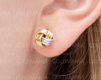 14K Tricolor Gold Love Knot Stud Earrings: 9mm Real Gold Studs