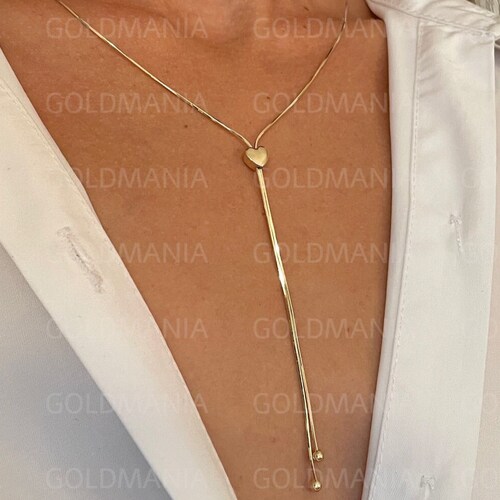 Solid 14K Yellow Gold Heart Lariat 